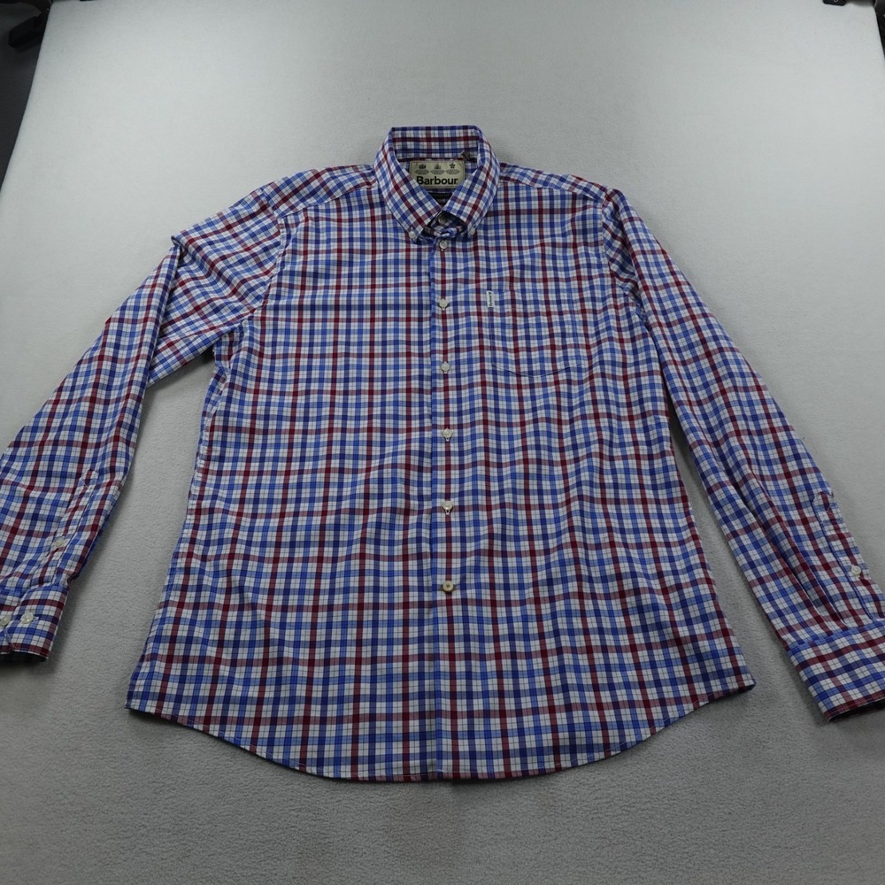 Barbour Hallhill Performance Shirt Mens Medium Red Blue Plaid Tailored Fit